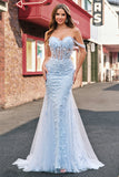 Mermaid Applique Off the Shoulder Corset Blue Prom Dress