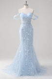 Blue Mermaid Off the Shoulder Sequin Sheer Corset Floral Prom Dress with Appliques