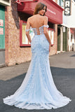 Blue Mermaid Off the Shoulder Sequin Sheer Corset Floral Prom Dress with Appliques