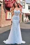 Mermaid Applique Off the Shoulder Corset Blue Prom Dress