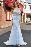 Blue Mermaid Off the Shoulder Sequin Sheer Corset Floral Prom Dress with Appliques