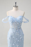 Blue Mermaid Off the Shoulder Sequin Sheer Corset Floral Prom Dress with Appliques