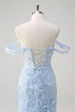 Blue Mermaid Off the Shoulder Sequin Sheer Corset Floral Prom Dress with Appliques