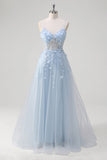 Blue A-Line Spaghetti Straps Corset Long Prom Dress With Appliques