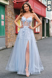 Blue A-Line Spaghetti Straps Corset Long Prom Dress With Appliques