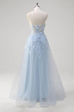 Blue A-Line Spaghetti Straps Corset Long Prom Dress With Appliques