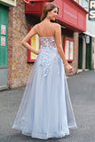 Blue A-Line Spaghetti Straps Corset Long Prom Dress With Appliques