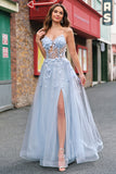 Blue A-Line Spaghetti Straps Corset Long Prom Dress With Appliques