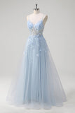 Blue A-Line Spaghetti Straps Sheer Corset Long Floral Prom Dress With Appliques