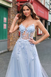 Blue A-Line Spaghetti Straps Corset Long Prom Dress With Appliques