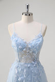 Blue A-Line Spaghetti Straps Sheer Corset Long Floral Prom Dress With Appliques