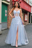 Blue A-Line Spaghetti Straps Sheer Corset Long Floral Prom Dress With Appliques