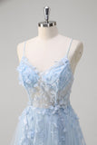 Blue A-Line Spaghetti Straps Sheer Corset Long Floral Prom Dress With Appliques