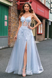 Blue A-Line Spaghetti Straps Corset Long Prom Dress With Appliques