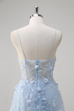 Blue A-Line Spaghetti Straps Sheer Corset Long Floral Prom Dress With Appliques