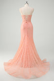 Orange Mermaid Spaghetti Straps Pleated Corset Beaded Long Prom Dress with Appliques