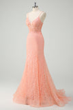 Orange Mermaid Spaghetti Straps Pleated Corset Beaded Long Prom Dress with Appliques