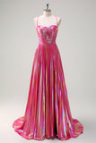 Fuchsia Metallic A-Line Spaghetti Straps Pleated Long Prom Dress with Slit