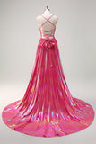 Fuchsia Metallic A-Line Spaghetti Straps Pleated Long Prom Dress with Slit