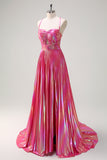 Fuchsia Metallic A-Line Spaghetti Straps Pleated Long Prom Dress with Slit