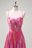 Fuchsia Metallic A-Line Spaghetti Straps Pleated Long Prom Dress with Slit