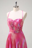 Fuchsia Metallic A-Line Spaghetti Straps Pleated Long Prom Dress with Slit