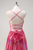 Fuchsia Metallic A-Line Spaghetti Straps Pleated Long Prom Dress with Slit