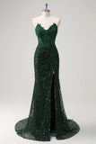 Sparkly Mermaid Dark Green Sweetheart Corset Sequins Lace Prom Dress with Slit