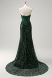 Sparkly Mermaid Dark Green Sweetheart Corset Sequins Lace Prom Dress with Slit