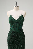 Sparkly Mermaid Dark Green Sweetheart Corset Sequins Lace Prom Dress with Slit