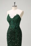 Sparkly Mermaid Dark Green Sweetheart Corset Sequins Lace Prom Dress with Slit