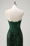 Sparkly Mermaid Dark Green Sweetheart Corset Sequins Lace Prom Dress with Slit