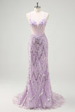 Sparkly Lilac Mermaid Halter Sheer Corset Sequin Prom Dress