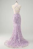 Sparkly Lilac Mermaid Halter Sheer Corset Sequin Prom Dress