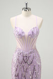 Sparkly Lilac Mermaid Halter Sheer Corset Sequin Prom Dress