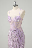 Sparkly Lilac Mermaid Halter Sheer Corset Sequin Prom Dress