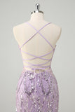 Sparkly Lilac Mermaid Halter Sheer Corset Sequin Prom Dress