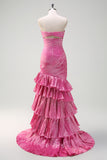 Sparkly Fuchsia Mermaid Strapless Pleated Cut Out Tiered Prom Dress with Ruffle Slit