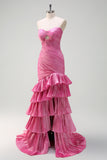 Sparkly Fuchsia Mermaid Strapless Pleated Cut Out Tiered Prom Dress with Ruffle Slit