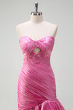 Sparkly Fuchsia Mermaid Strapless Pleated Cut Out Tiered Prom Dress with Ruffle Slit