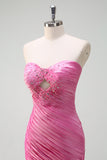 Sparkly Fuchsia Mermaid Strapless Pleated Cut Out Tiered Prom Dress with Ruffle Slit