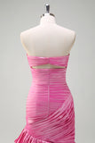 Sparkly Fuchsia Mermaid Strapless Pleated Cut Out Tiered Prom Dress with Ruffle Slit