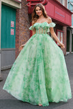 Green Floral A Line Off The Shoulder Corset Long Prom Dress with Slit