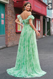 Green A-Line Off The Shoulder Corset Print Floral Prom Dress With Slit