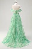 Green Floral A Line Off The Shoulder Corset Long Prom Dress with Slit