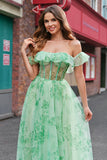 Green Floral A Line Off The Shoulder Corset Long Prom Dress with Slit