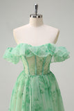 Green A-Line Off The Shoulder Corset Print Floral Prom Dress With Slit