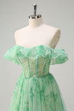 Green A-Line Off The Shoulder Corset Print Floral Prom Dress With Slit