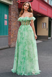 Green Floral A Line Off The Shoulder Corset Long Prom Dress with Slit