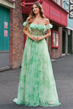 Green A-Line Off The Shoulder Corset Print Floral Prom Dress With Slit